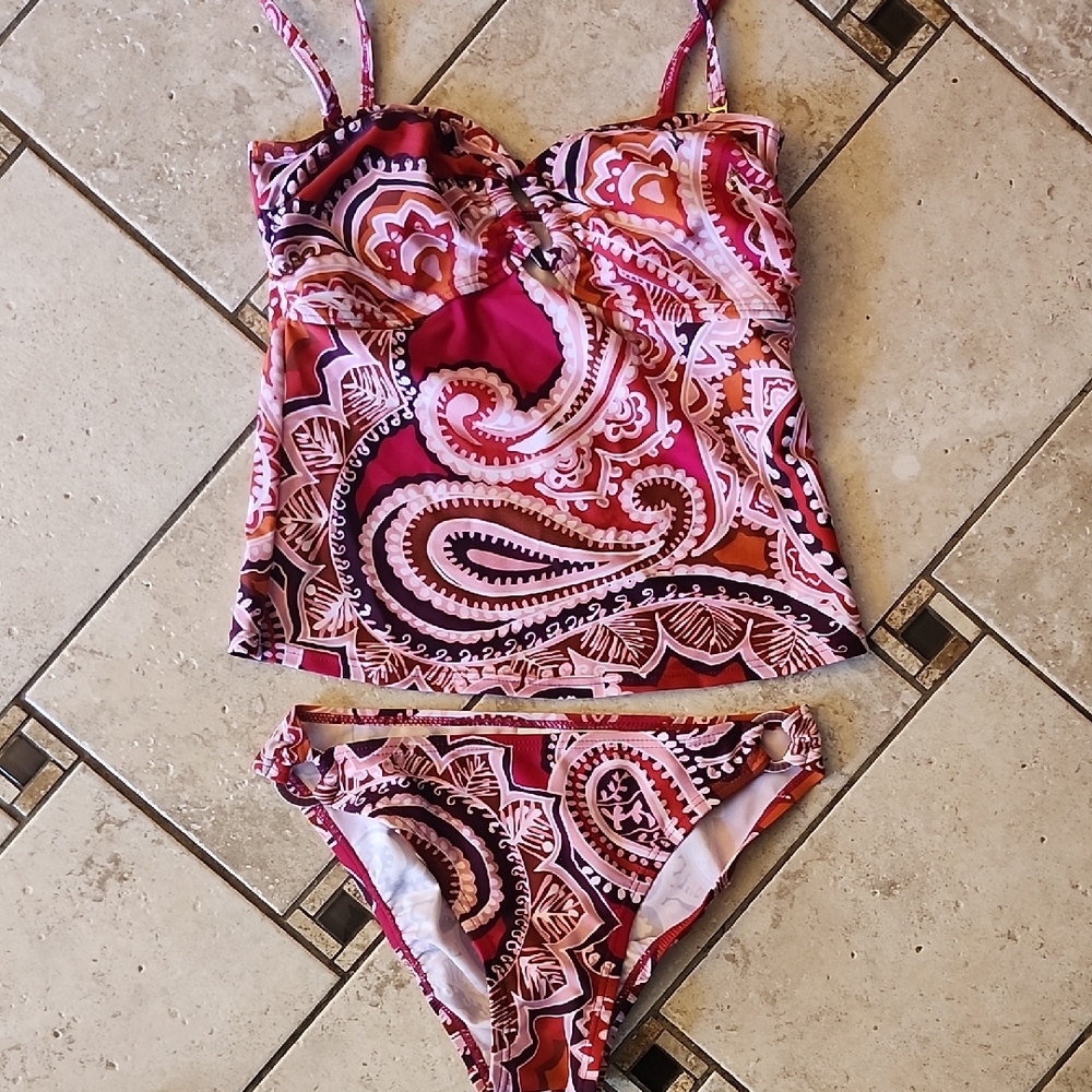Liquid Blue Paisley Print Tankini & Matching Bikini Bottom Swim Suit Small NWOT